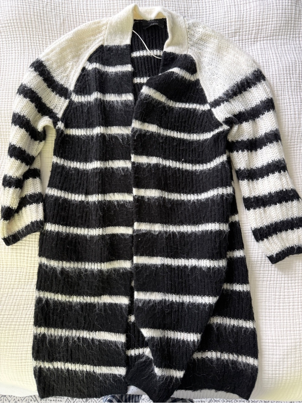 All Saints Italian Wool Black and White Striped Open-Front Women's Sweater